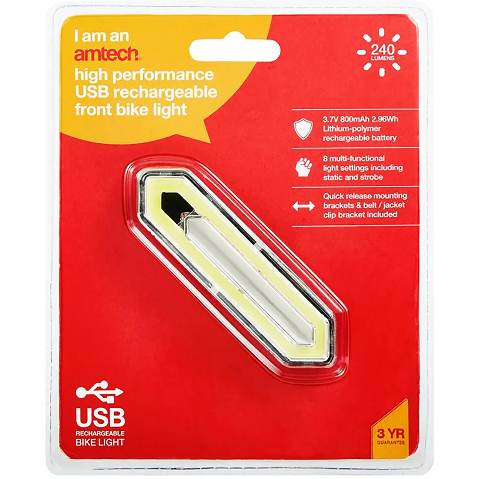 Amtech Bike Light Front White High Performance USB Rechargeable 8 Settings 240 Lumens - Image 3