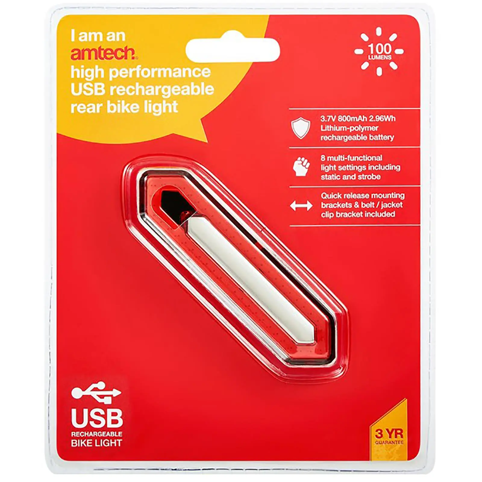 Amtech Bike Light Rear Red High Performance USB Rechargeable 8 Settings 100 Lumens - Image 3