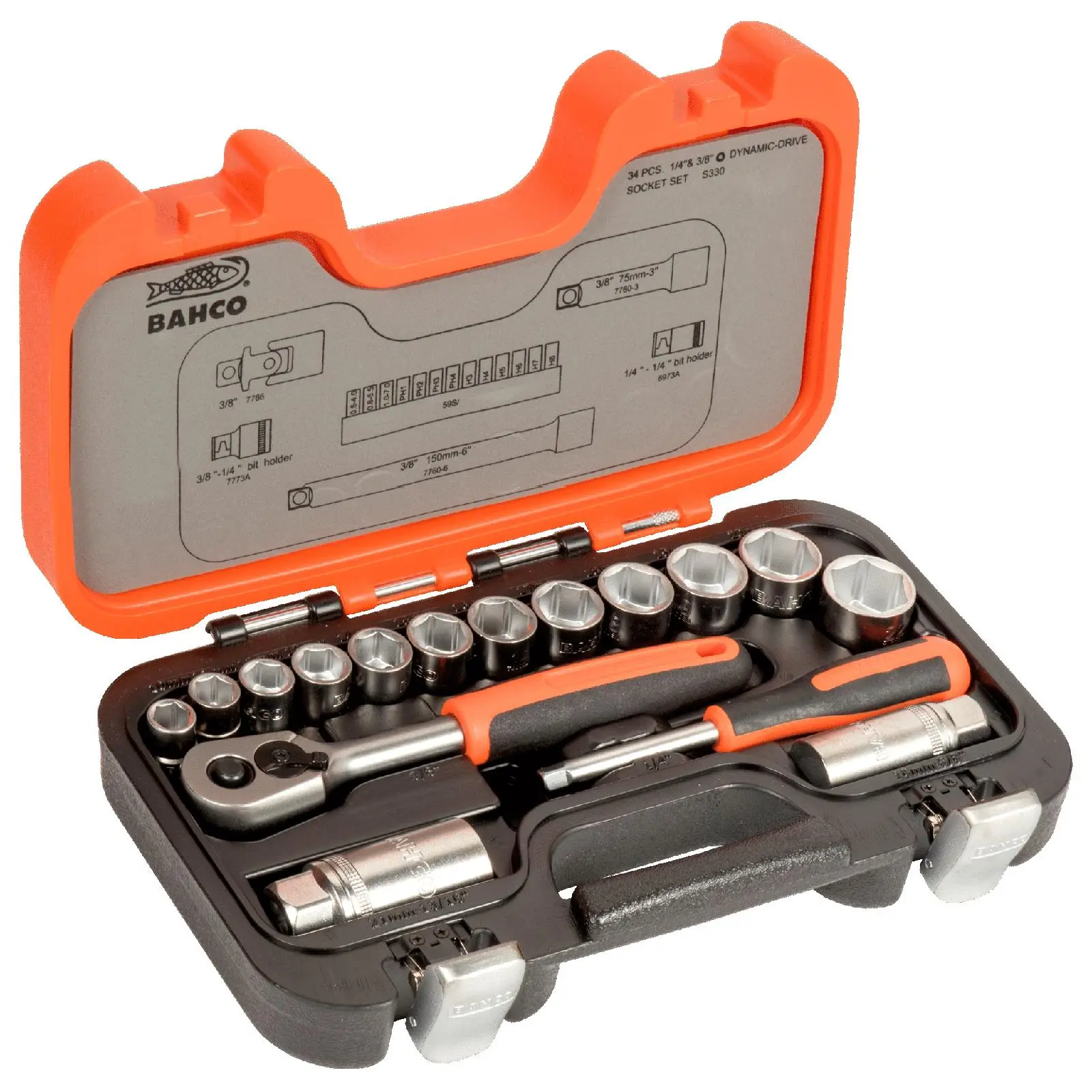 Bahco Socket Screwdriver Bit Set 3/8" Ratchet Handle 1/4" Hex Slotted Phillips Metric 34 Piece - Image 3
