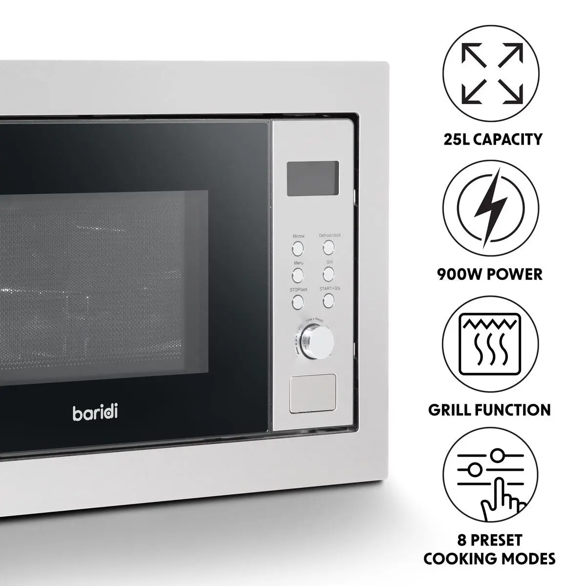Baridi 25L Integrated Microwave Oven with Grill, 900W, Stainless Steel - Image 11