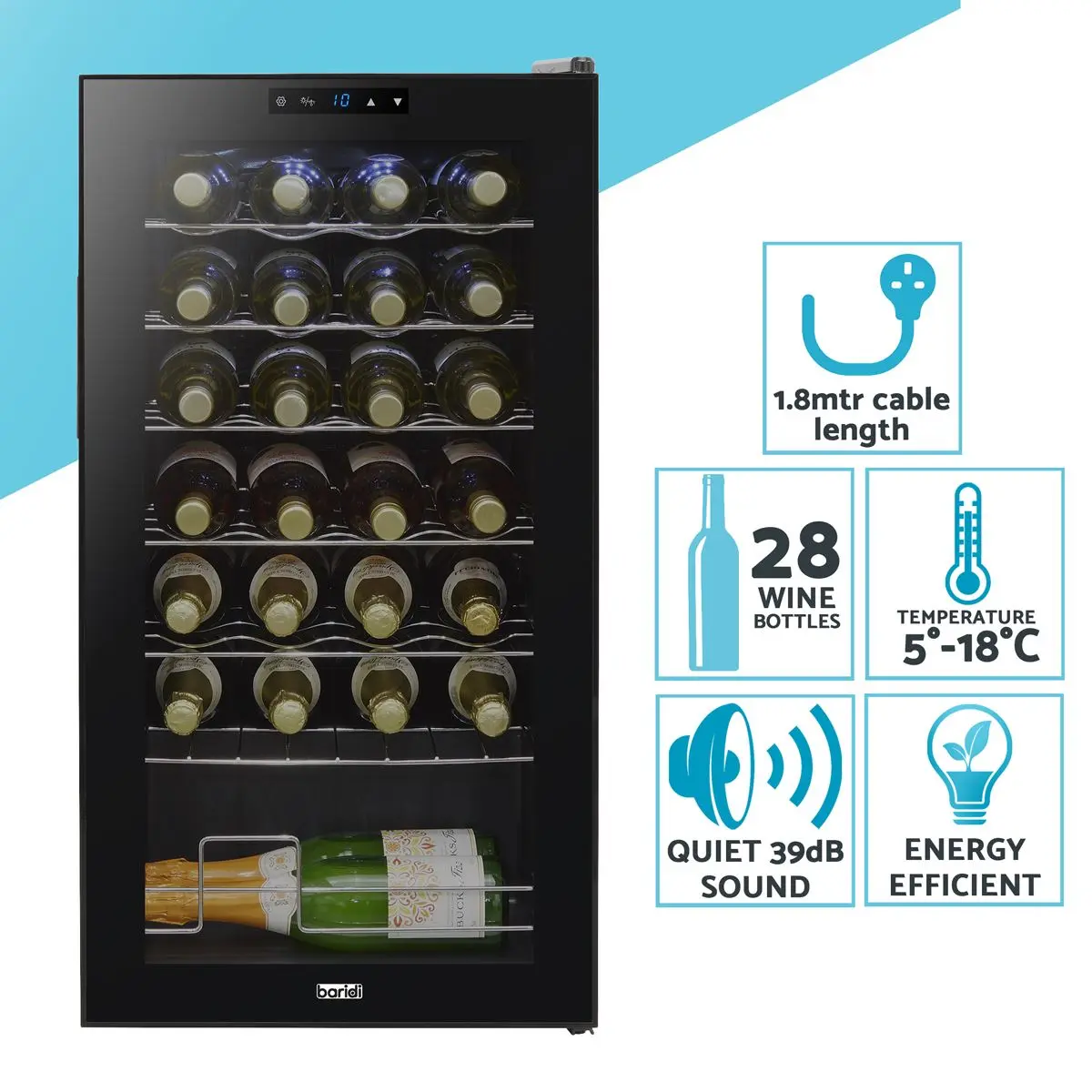 Baridi 28 Bottle Wine Fridge with Digital Touchscreen Controls & LED Light, Black - Image 5