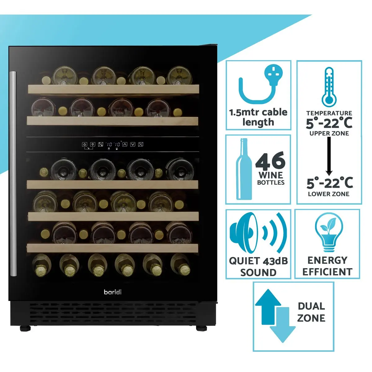 Baridi 46 Bottle Wine Cellar Fridge with Digital Touch Screen Controls, Black - Image 16
