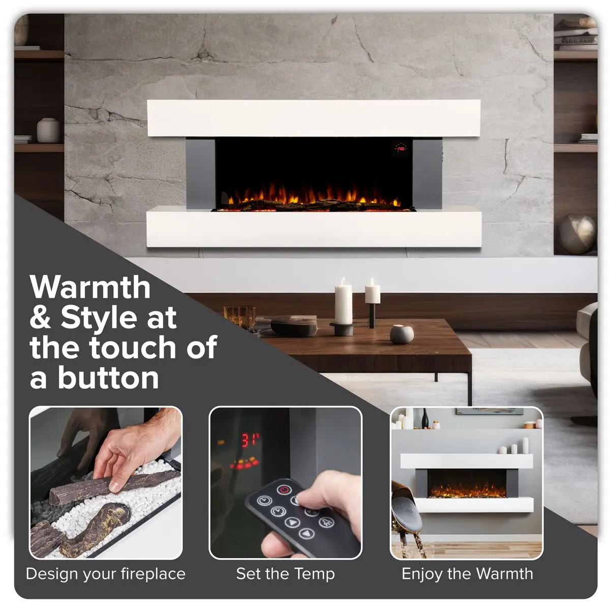 Baridi Wall Mounting Electric Fireplace with LED Flame Effect 52" - Grey - Image 11