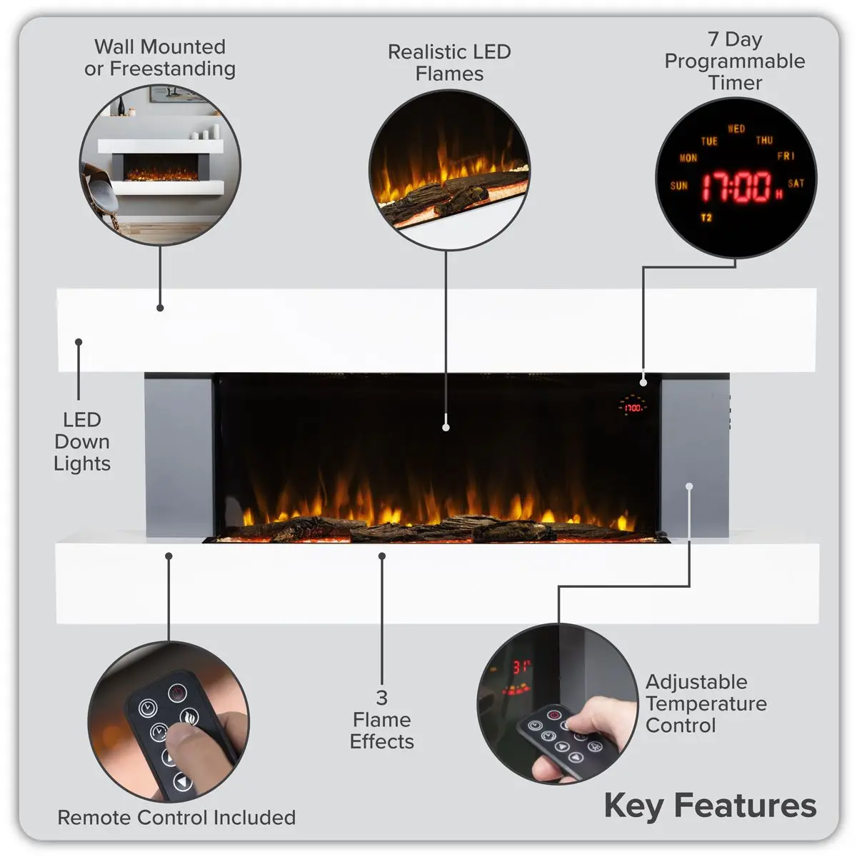 Baridi Wall Mounting Electric Fireplace with LED Flame Effect 52" - Grey - Image 14