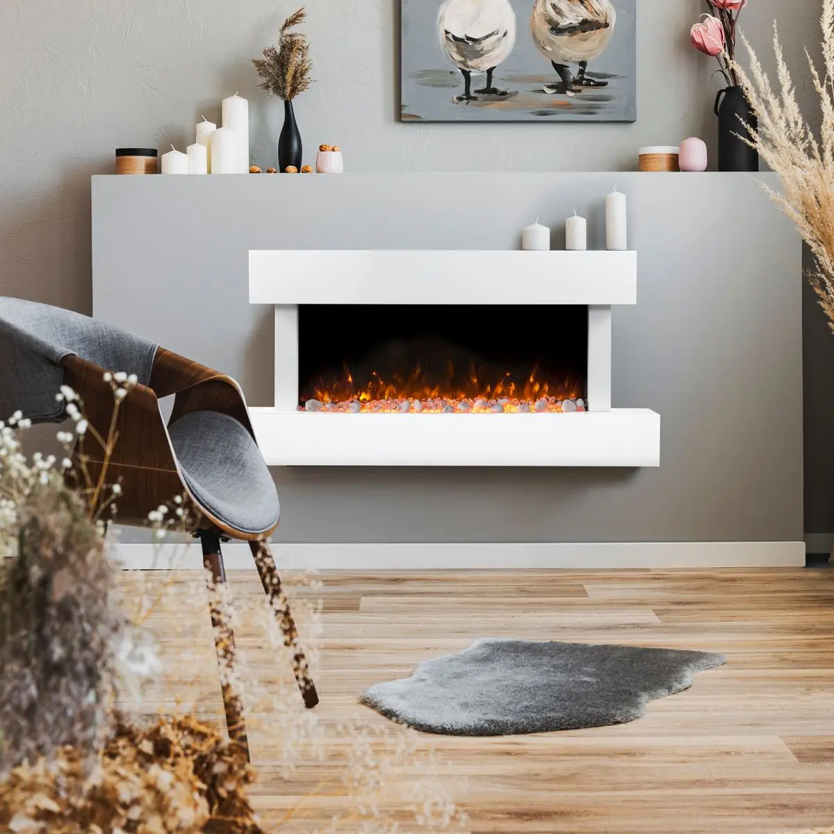 Baridi 46” Wall Mounting 1000W/2000W Electric Fireplace with LED Flame Effects, Side Glass Decoration and Pebble Accessories, White - Image 12
