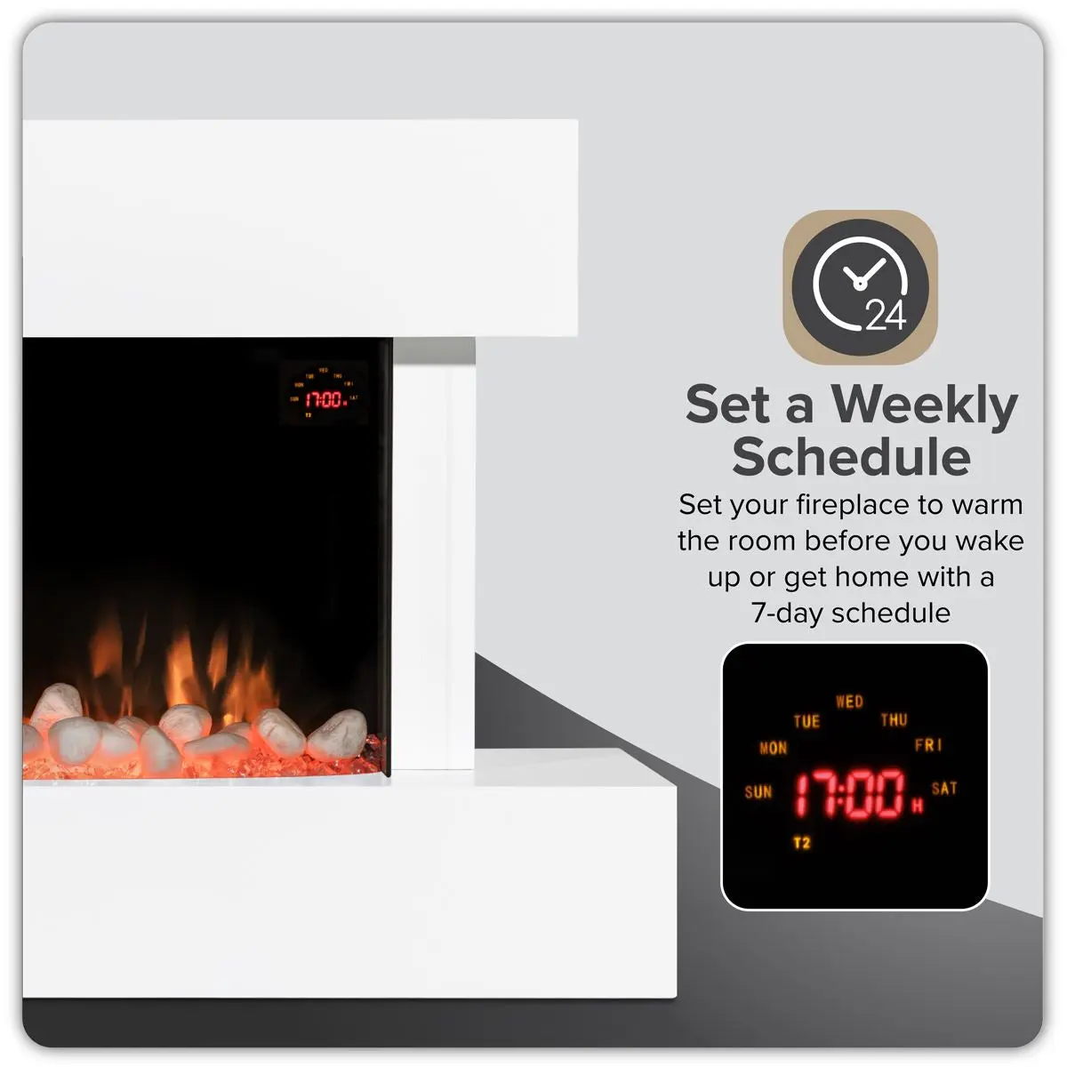 Baridi 46” Wall Mounting 1000W/2000W Electric Fireplace with LED Flame Effects, Side Glass Decoration and Pebble Accessories, White - Image 4