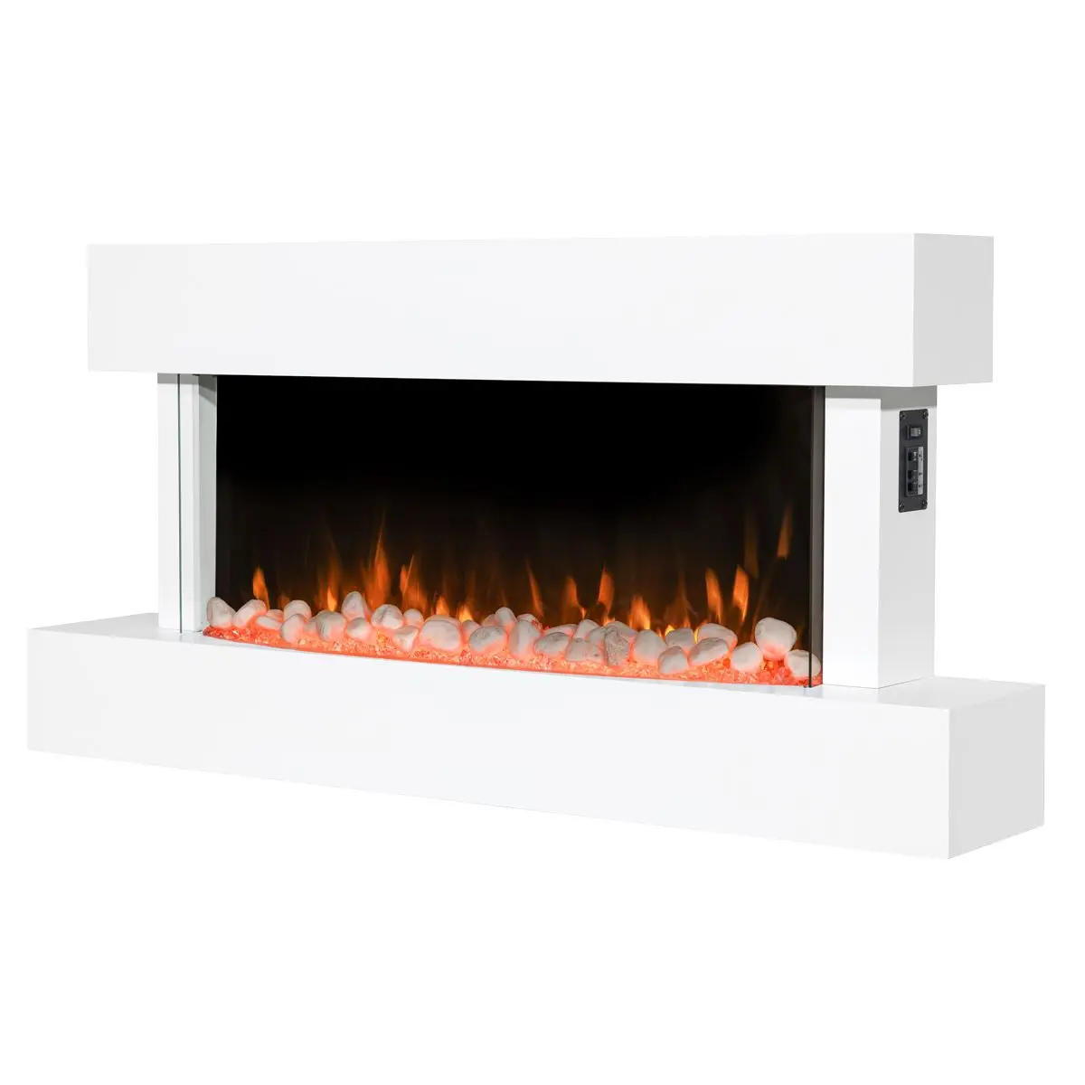 Baridi 46” Wall Mounting 1000W/2000W Electric Fireplace with LED Flame Effects, Side Glass Decoration and Pebble Accessories, White - Image 5
