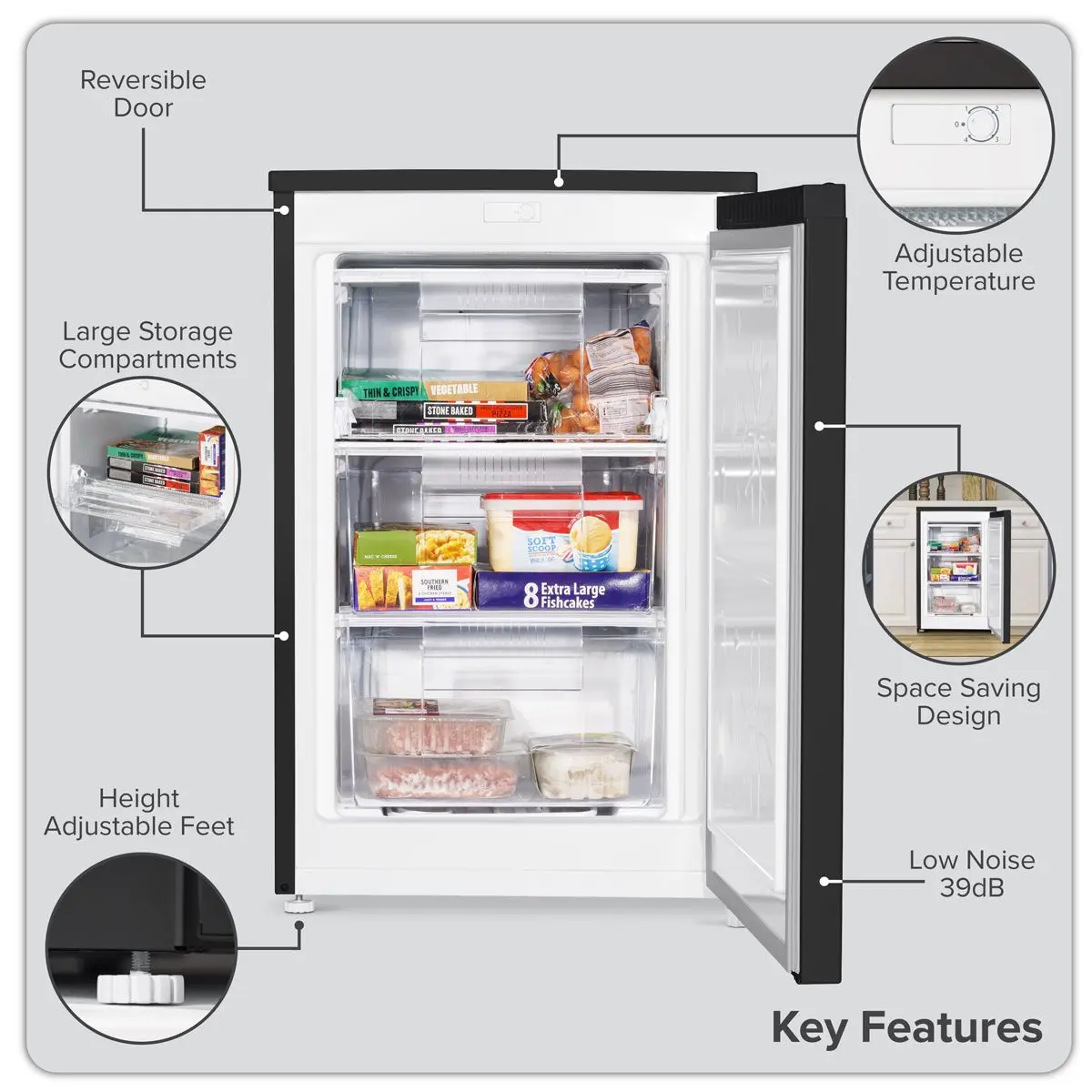 Baridi 55cm Undercounter Freezer with Adjustable Thermostat, 85L - Black - Image 2