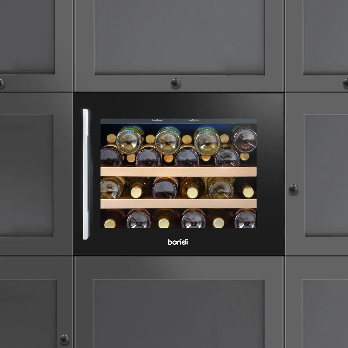 Baridi 60cm Built-In 28 Bottle Wine Cooler with Beech Wood Shelves and Internal LED Light, Black - Image 11