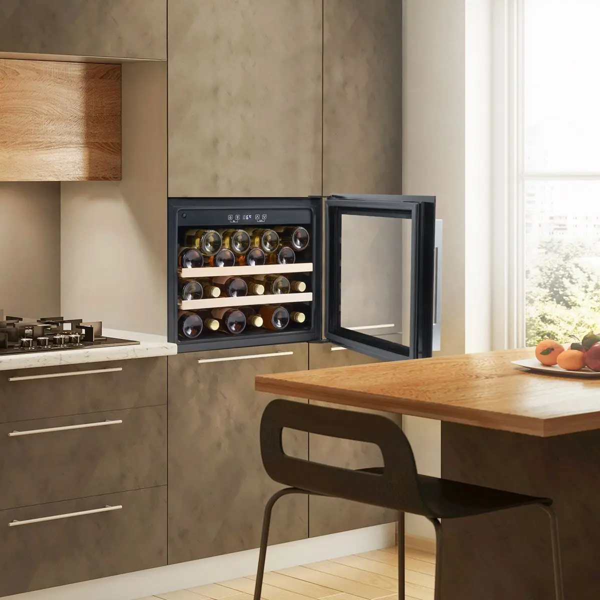 Baridi 60cm Built-In 28 Bottle Wine Cooler with Beech Wood Shelves and Internal LED Light, Black - Image 2