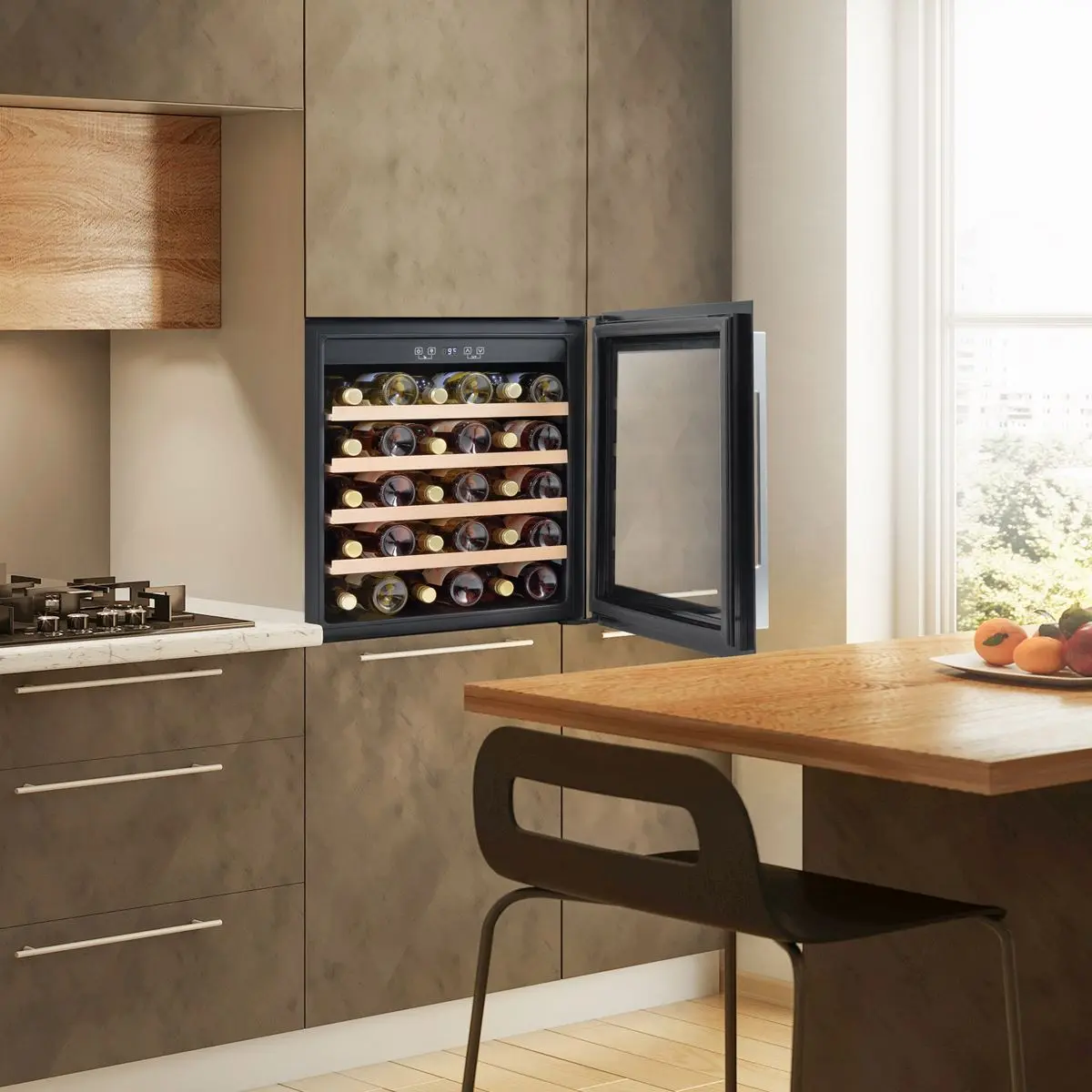 Baridi 60cm Built-In 36 Bottle Wine Cooler with Beech Wood Shelves and Internal LED Light, Black - Image 2