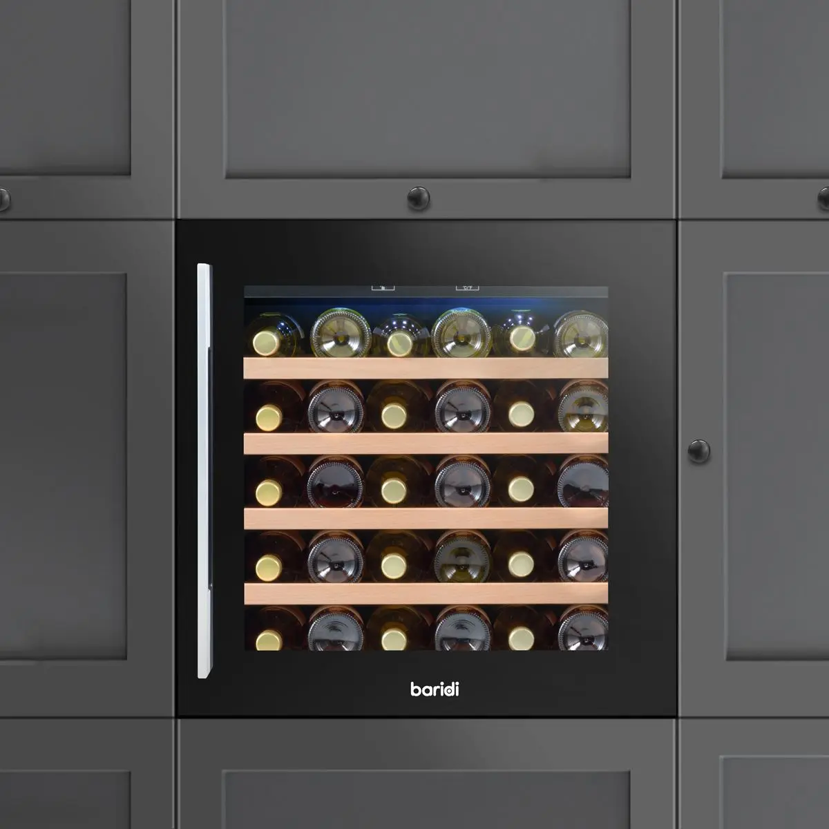 Baridi 60cm Built-In 36 Bottle Wine Cooler with Beech Wood Shelves and Internal LED Light, Black - Image 9