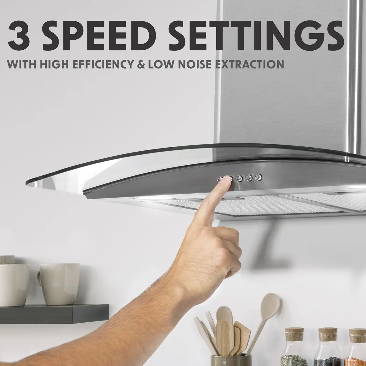 Baridi 60cm Curved Glass Cooker Hood with Carbon Filters, LED Lights, Stainless Steel - Image 4