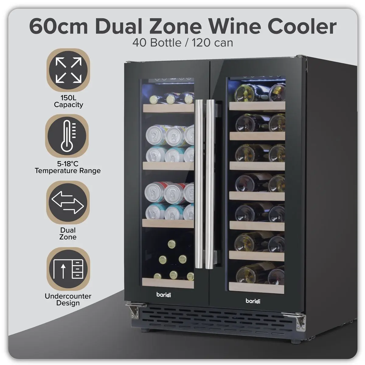 Baridi 60cm Dual Zone Wine Cooler and Drinks Fridge 40 Bottle/120 Can Built-In Under Counter/Freestanding Glass Fronted Bar Drinks Fridge Chiller - Image 15