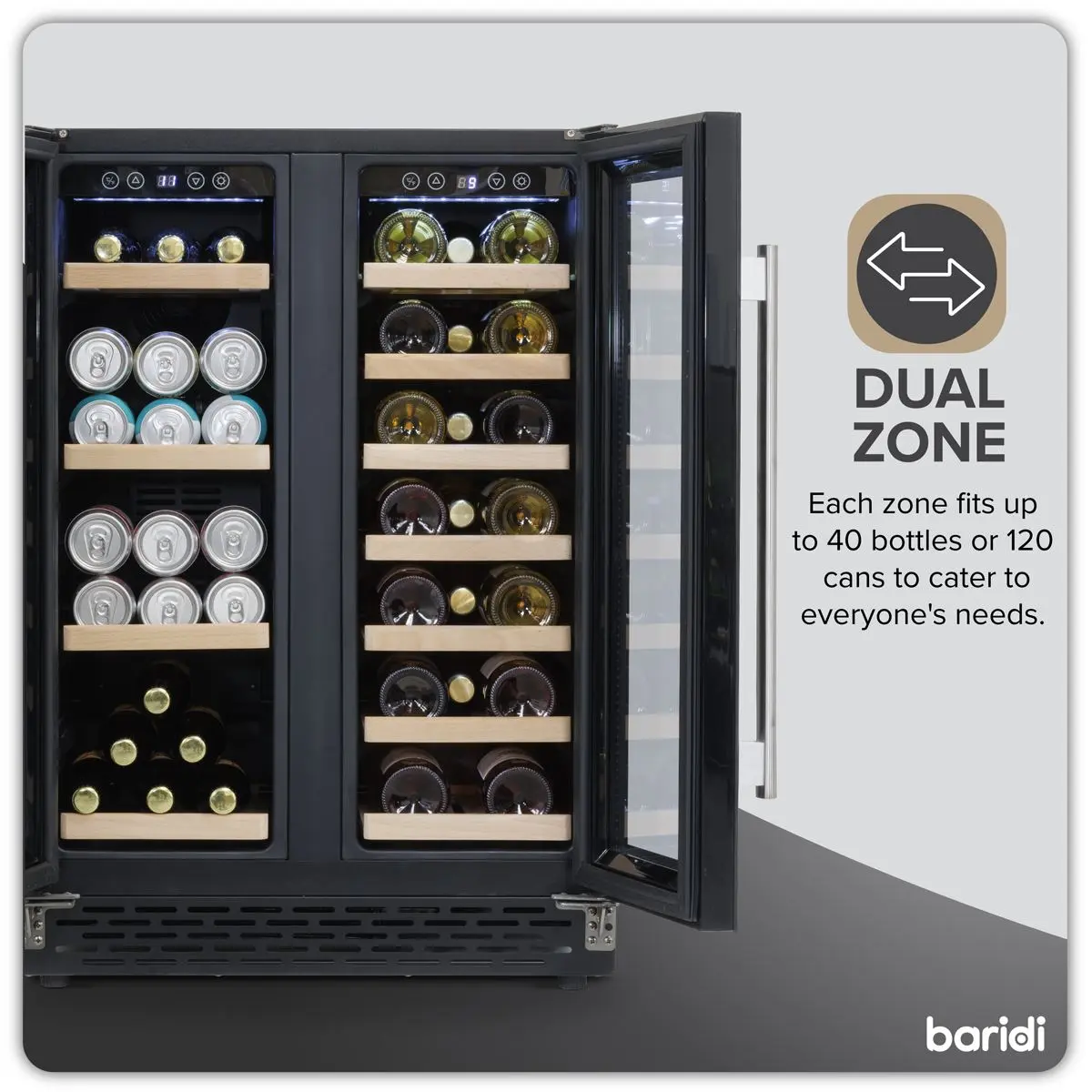 Baridi 60cm Dual Zone Wine Cooler and Drinks Fridge 40 Bottle/120 Can Built-In Under Counter/Freestanding Glass Fronted Bar Drinks Fridge Chiller - Image 21