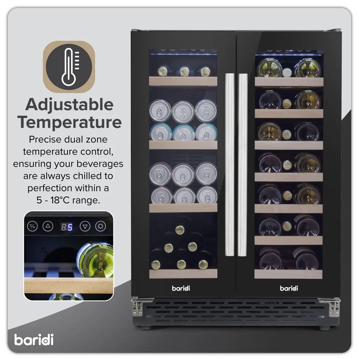 Baridi 60cm Dual Zone Wine Cooler and Drinks Fridge 40 Bottle/120 Can Built-In Under Counter/Freestanding Glass Fronted Bar Drinks Fridge Chiller - Image 22