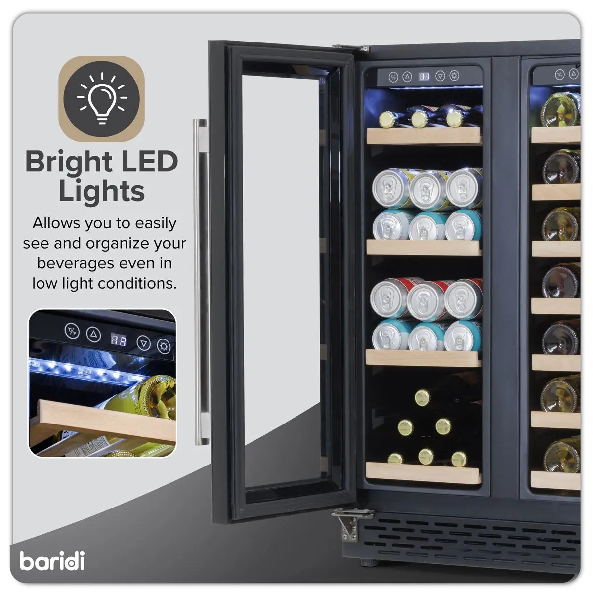 Baridi 60cm Dual Zone Wine Cooler and Drinks Fridge 40 Bottle/120 Can Built-In Under Counter/Freestanding Glass Fronted Bar Drinks Fridge Chiller - Image 23