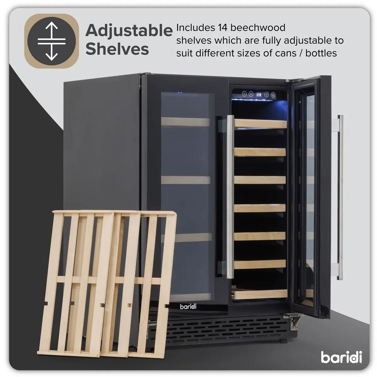 Baridi 60cm Dual Zone Wine Cooler and Drinks Fridge 40 Bottle/120 Can Built-In Under Counter/Freestanding Glass Fronted Bar Drinks Fridge Chiller - Image 24