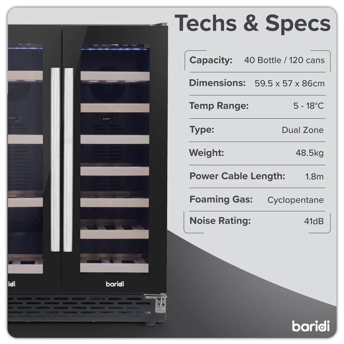 Baridi 60cm Dual Zone Wine Cooler and Drinks Fridge 40 Bottle/120 Can Built-In Under Counter/Freestanding Glass Fronted Bar Drinks Fridge Chiller - Image 26