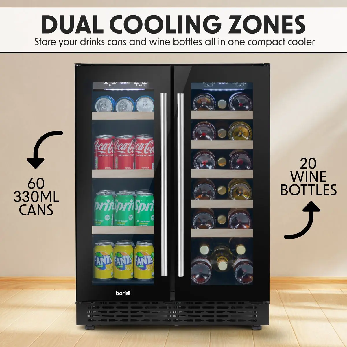 Baridi 60cm Dual Zone Wine Cooler and Drinks Fridge 40 Bottle/120 Can Built-In Under Counter/Freestanding Glass Fronted Bar Drinks Fridge Chiller - Image 40