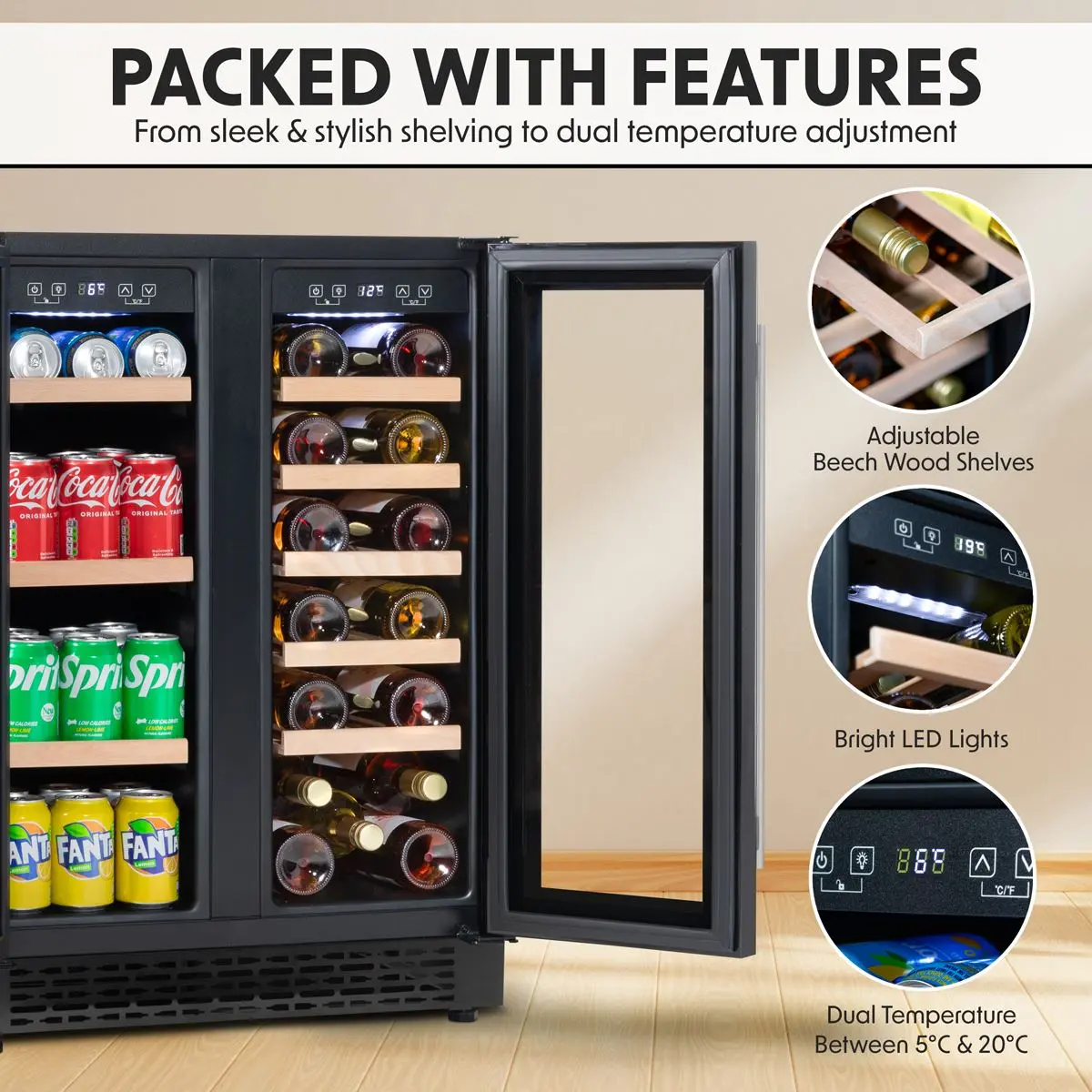 Baridi 60cm Dual Zone Wine Cooler and Drinks Fridge 40 Bottle/120 Can Built-In Under Counter/Freestanding Glass Fronted Bar Drinks Fridge Chiller - Image 41