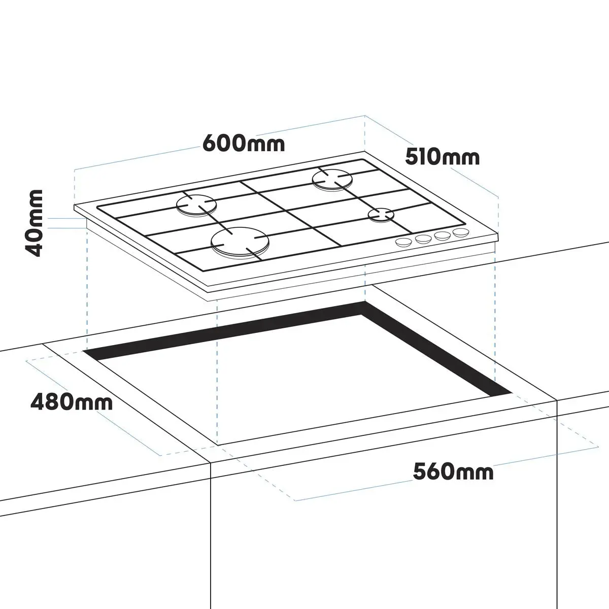 Baridi 60cm Gas Hob, 4 Burner and Cast Iron Pan Supports, Stainless Steel - Image 2