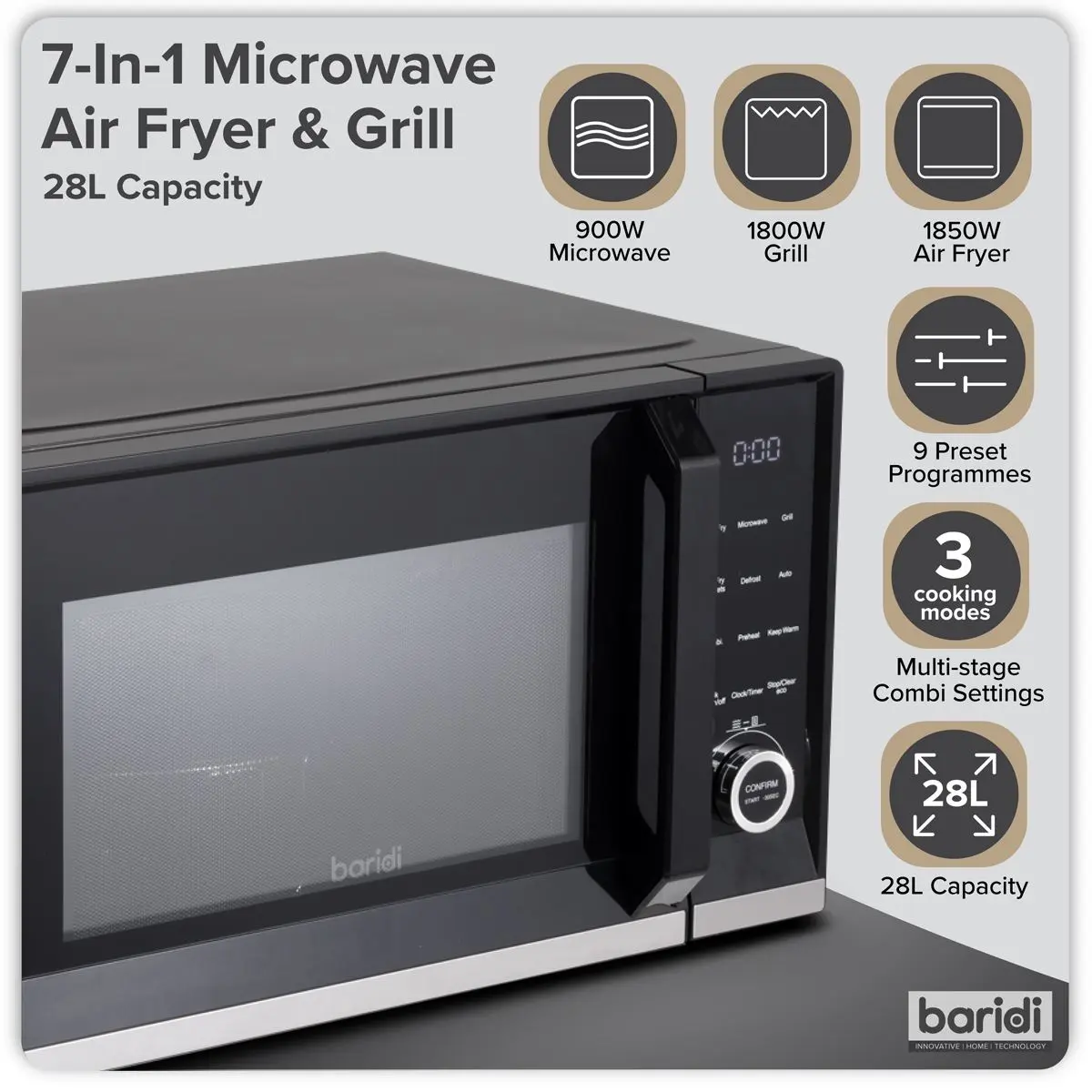Baridi 7-in-1 Air Fryer Microwave & Grill, 28L Capacity - Black - Image 19