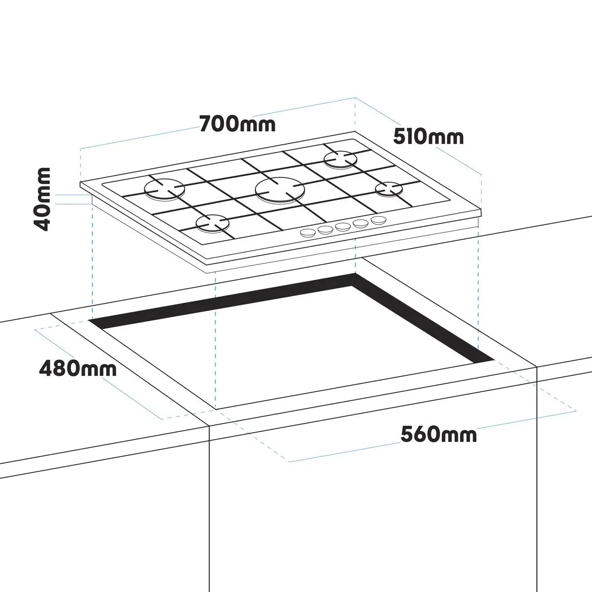 Baridi 70cm Gas Hob, 5 Burner and Cast Iron Pan Supports, Stainless Steel - Image 3
