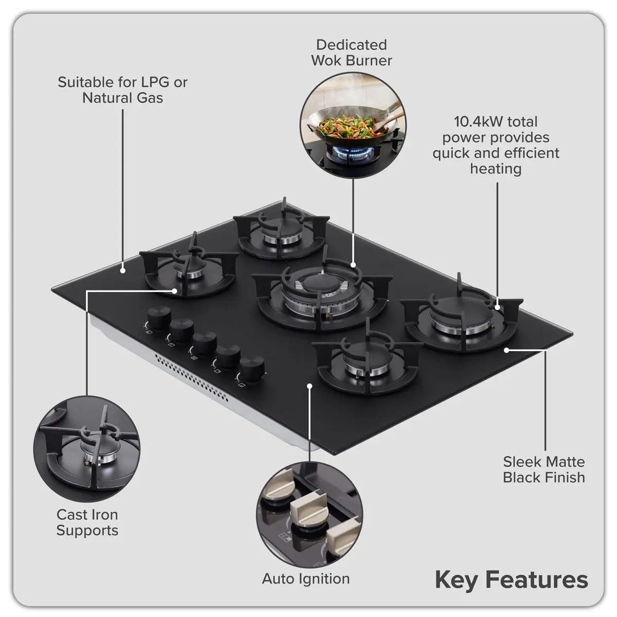 Baridi 70cm Gas Hob Matt Black Glass with 5 Burners, Cast Iron Supports & Auto Ignition 10.4kW - Image 3