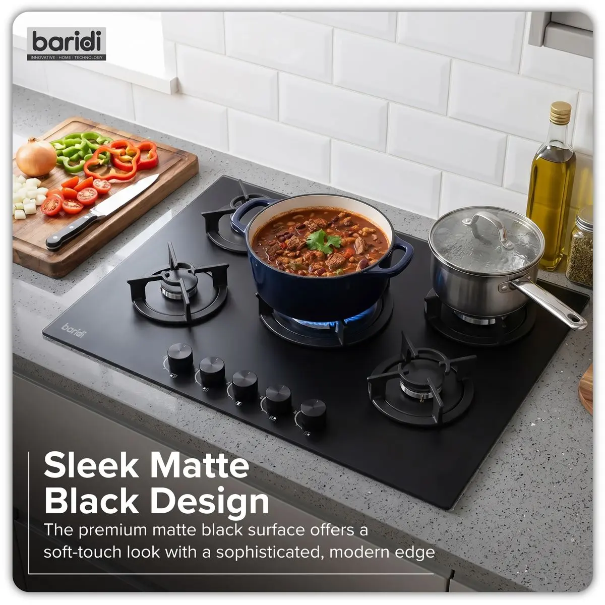 Baridi 70cm Gas Hob Matt Black Glass with 5 Burners, Cast Iron Supports & Auto Ignition 10.4kW - Image 4