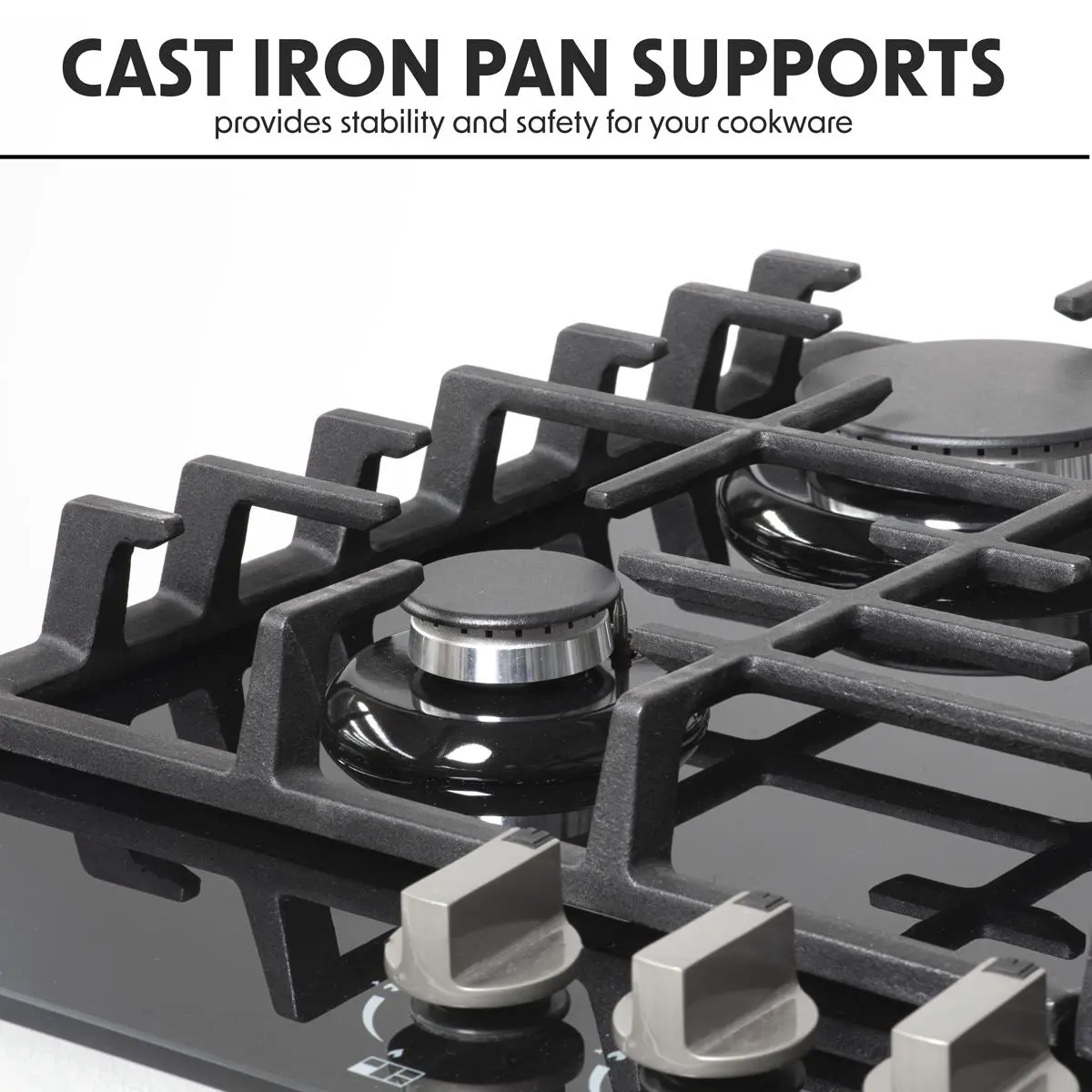 Baridi 70cm Gas on Glass Hob, 5 Burner and Cast Iron Pan Supports, Black Glass - Image 2