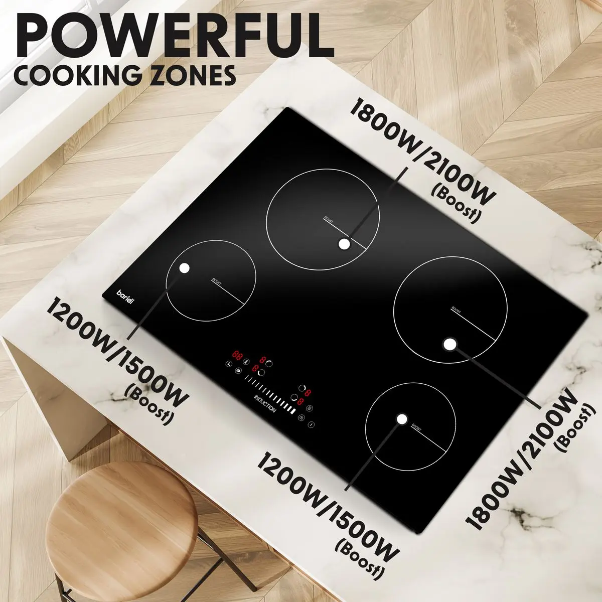 Baridi 77cm Built-In Induction Hob with 4 Cooking Zones, 7200W, Boost Function, 9 Power Levels, Touch Control & Timer, Hardwired - Image 6