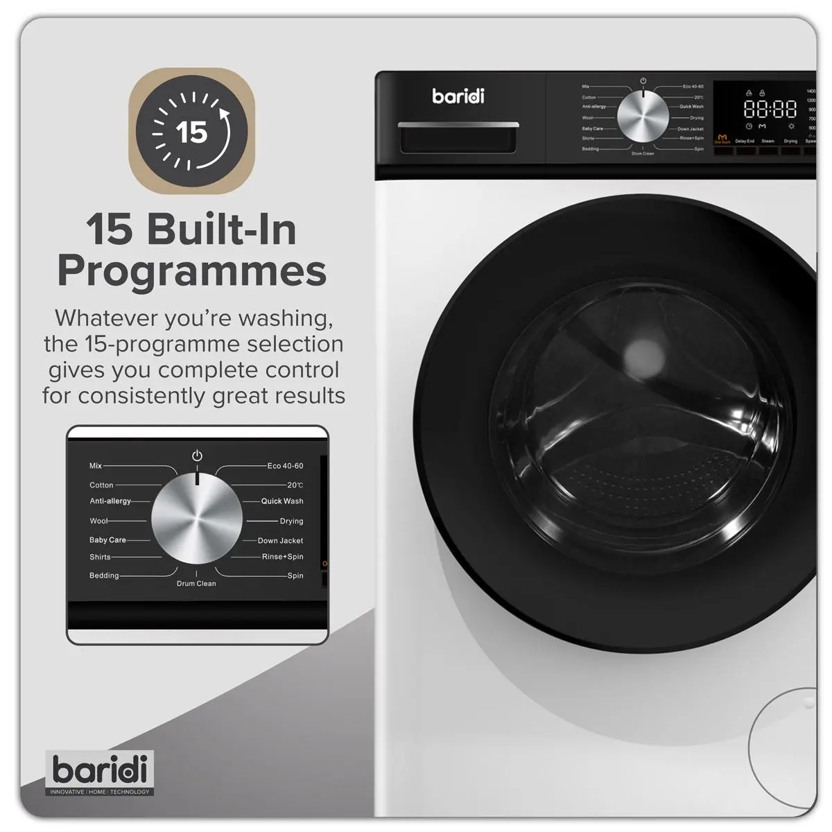Baridi 8/5kg Washer Dryer, Front Loading, 1400rpm Energy Rating A – White - Image 3