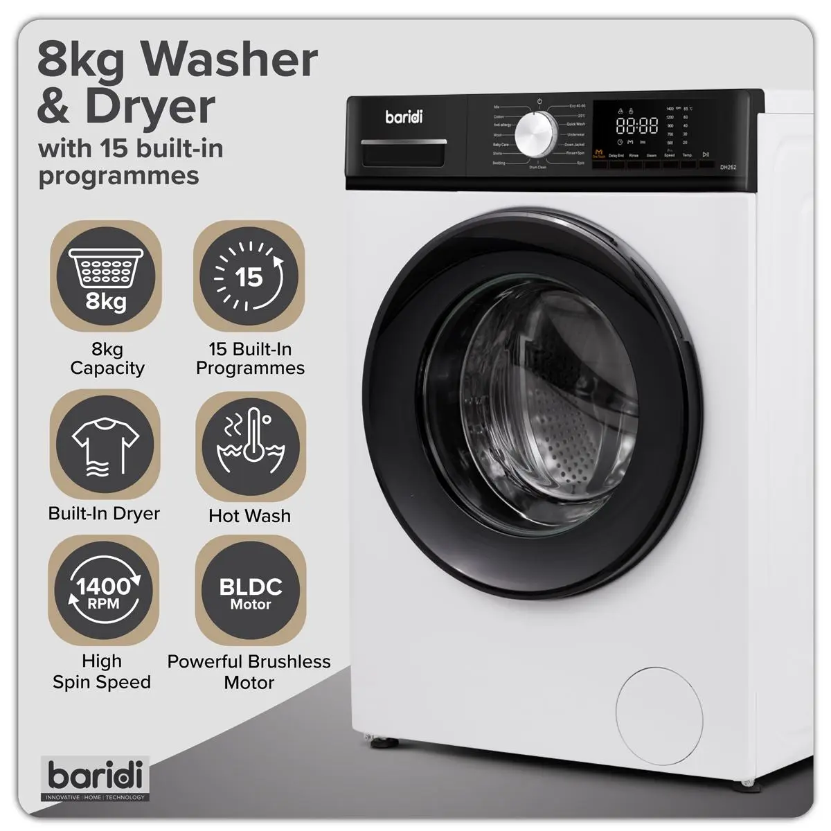 Baridi 8/5kg Washer Dryer, Front Loading, 1400rpm Energy Rating A – White - Image 5