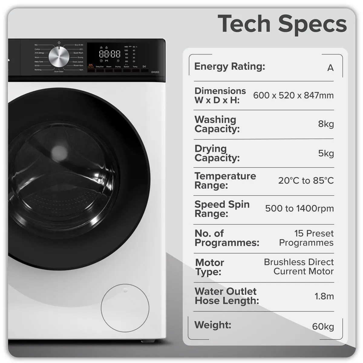 Baridi 8/5kg Washer Dryer, Front Loading, 1400rpm Energy Rating A – White - Image 9