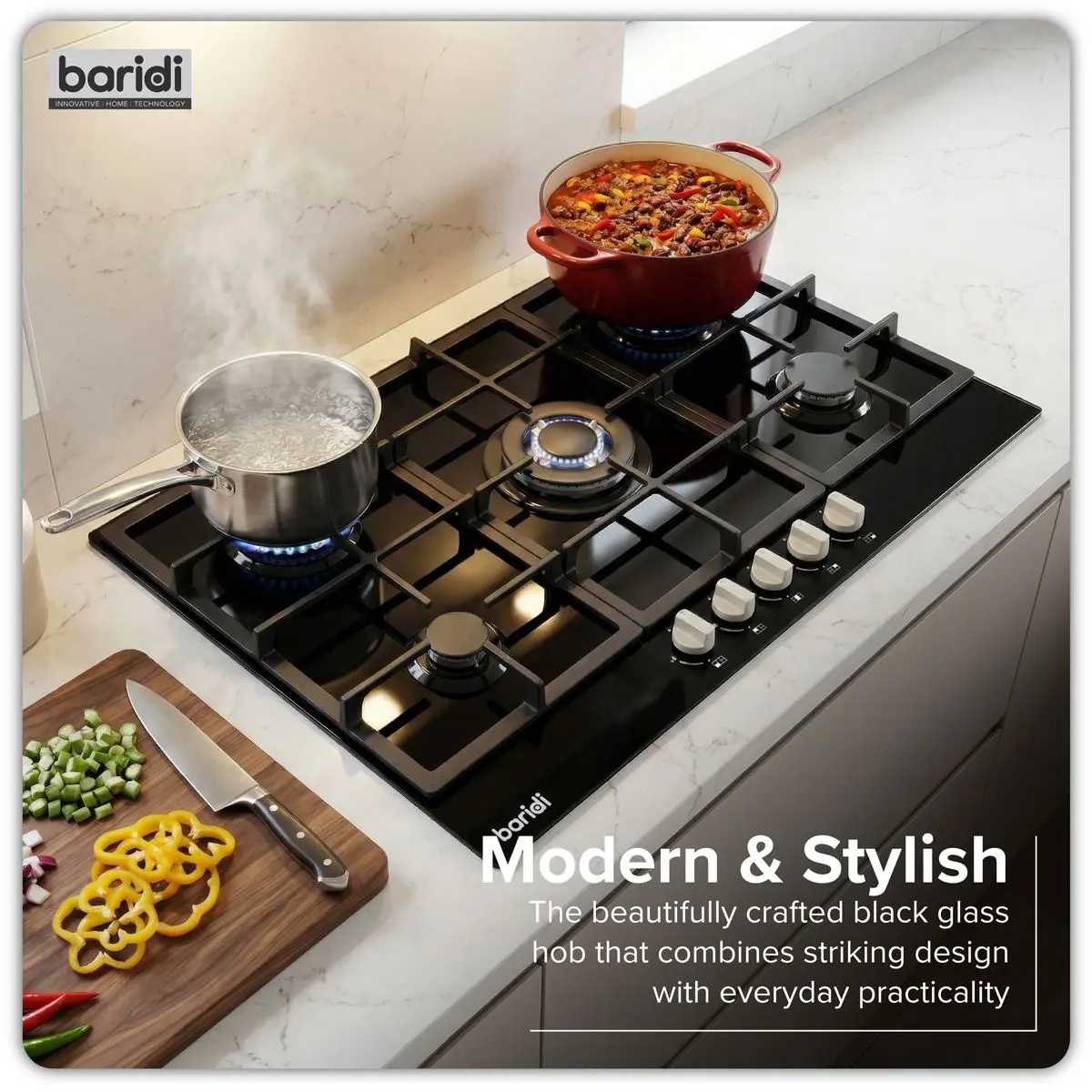 Baridi 90cm Gas Hob Glass with 5 Burners, Cast Iron Supports & Auto Ignition 11kW - Image 3