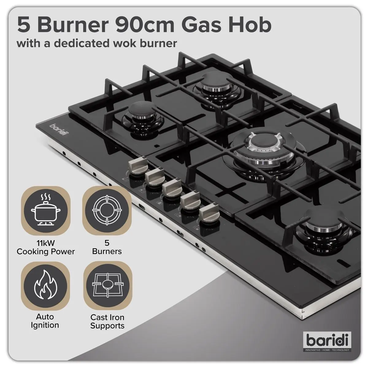 Baridi 90cm Gas Hob Glass with 5 Burners, Cast Iron Supports & Auto Ignition 11kW - Image 6