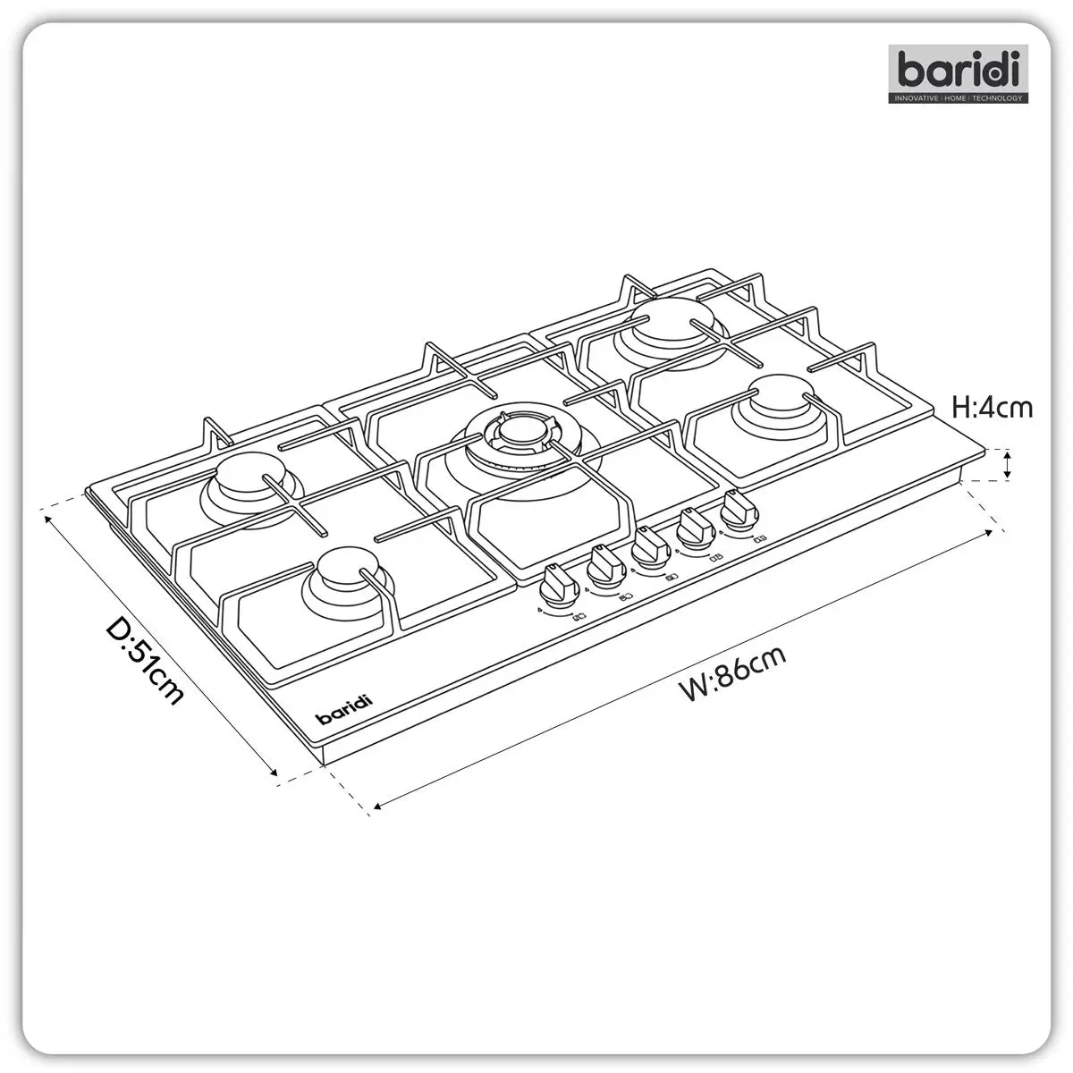 Baridi 90cm Gas Hob Glass with 5 Burners, Cast Iron Supports & Auto Ignition 11kW - Image 7