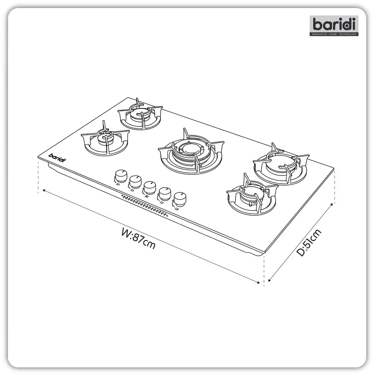 Baridi 90cm Gas Hob Matt Black Glass 5 Burners Cast Iron Supports & Auto Ignition 10.4kW - Image 2