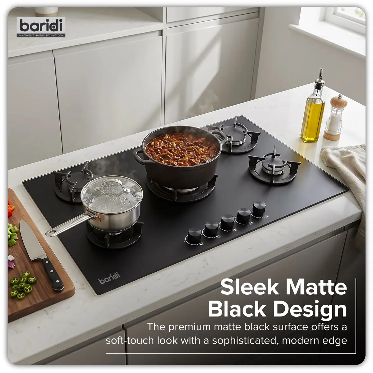 Baridi 90cm Gas Hob Matt Black Glass 5 Burners Cast Iron Supports & Auto Ignition 10.4kW - Image 4