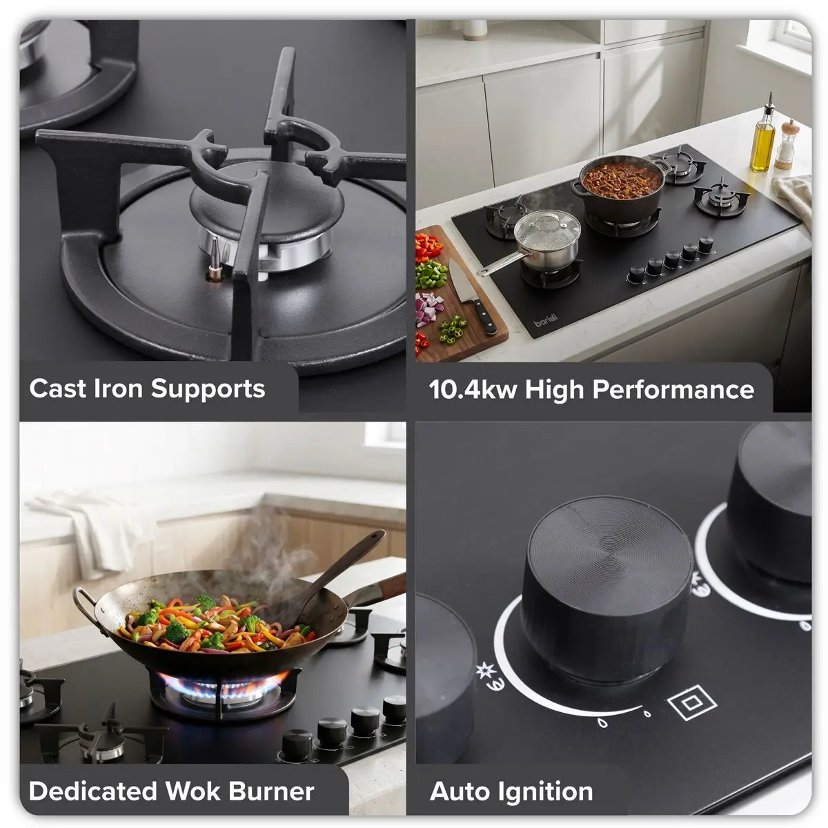 Baridi 90cm Gas Hob Matt Black Glass 5 Burners Cast Iron Supports & Auto Ignition 10.4kW - Image 5