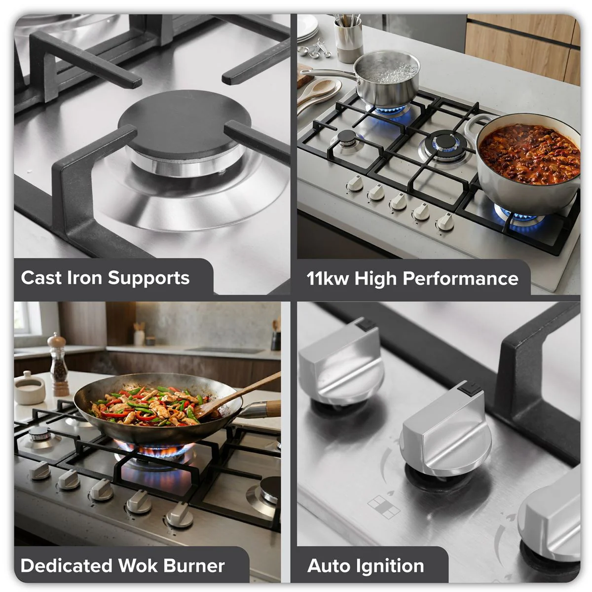 Baridi 90cm Gas Hob Stainless Steel with 5 Burners, Cast Iron Supports & Auto Ignition 11kW - Image 2