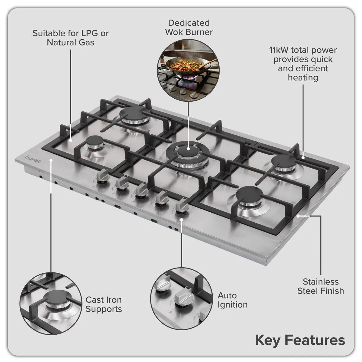 Baridi 90cm Gas Hob Stainless Steel with 5 Burners, Cast Iron Supports & Auto Ignition 11kW - Image 3
