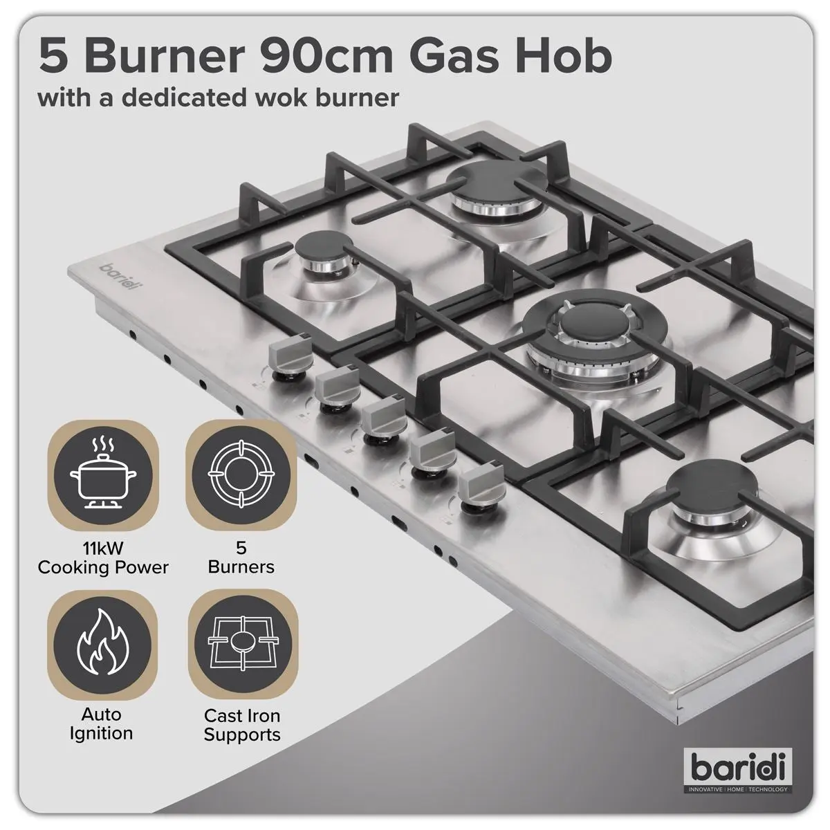 Baridi 90cm Gas Hob Stainless Steel with 5 Burners, Cast Iron Supports & Auto Ignition 11kW - Image 9