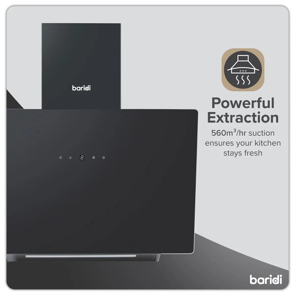 Baridi Angled Chimney Cooker Hood with Touch Controls & Carbon Filters 60cm - Black Glass - Image 3