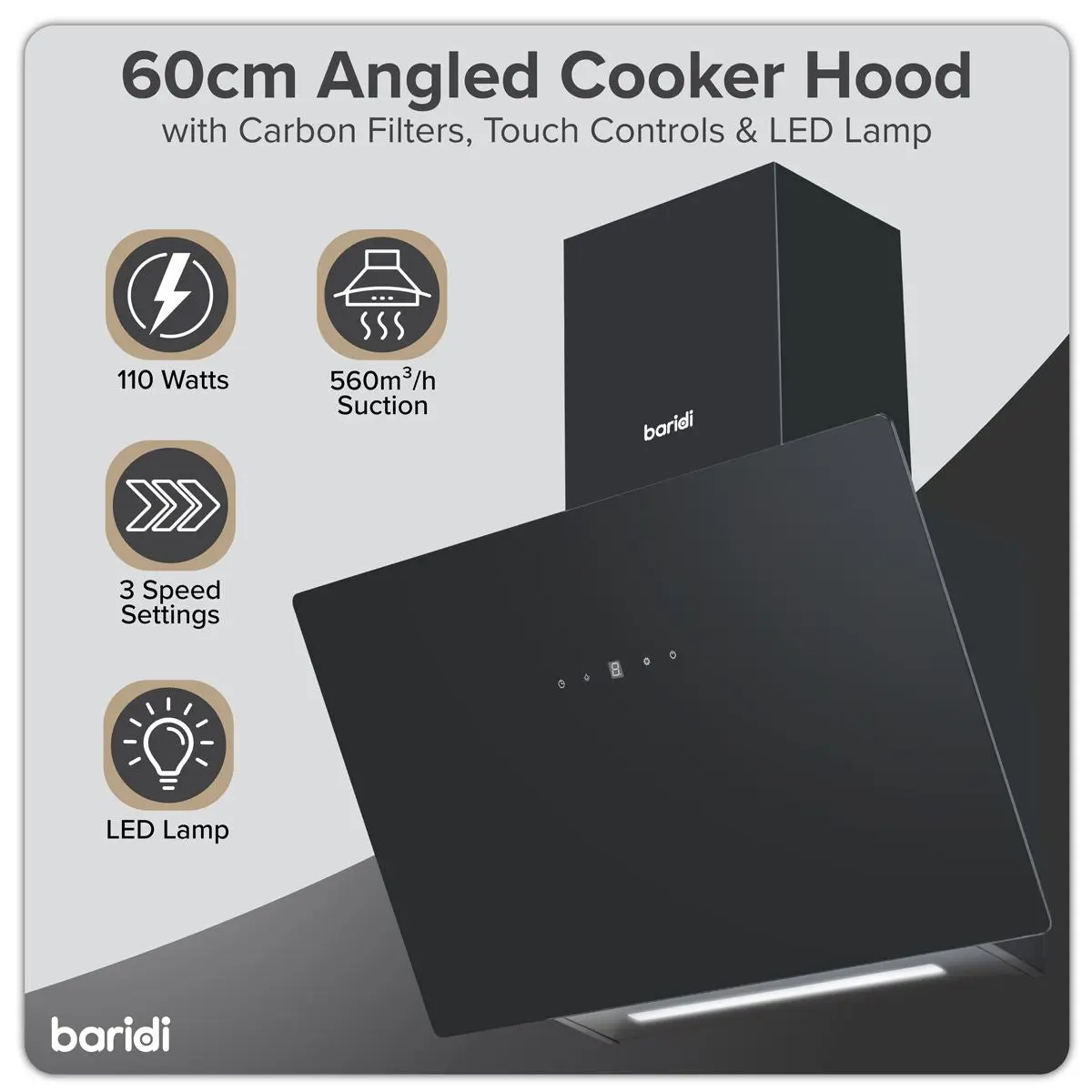 Baridi Angled Chimney Cooker Hood with Touch Controls & Carbon Filters 60cm - Black Glass - Image 6