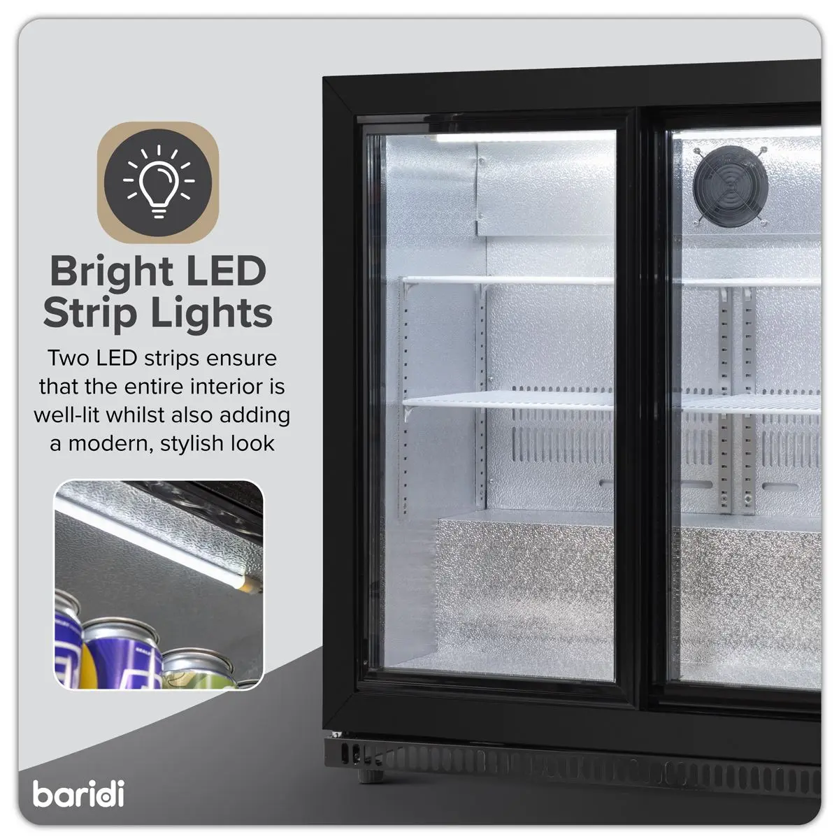 Baridi Back Bar Drinks Fridge/Cooler with Double Sliding Doors, 190L Capacity - Image 2