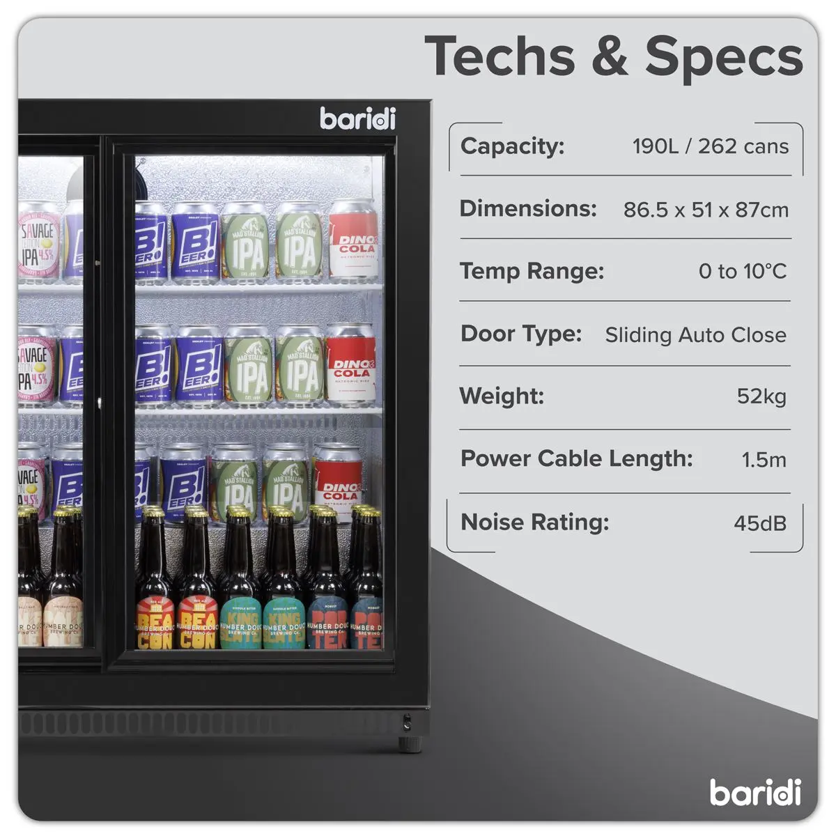 Baridi Back Bar Drinks Fridge/Cooler with Double Sliding Doors, 190L Capacity - Image 4