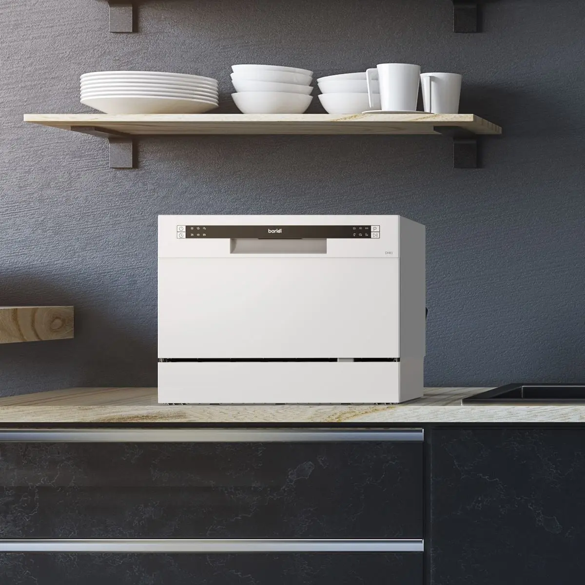 Baridi Compact Tabletop Dishwasher 6 Place Settings, 6 Programmes, Low Noise, 6.5L Cycle, Start Delay - White - Image 3