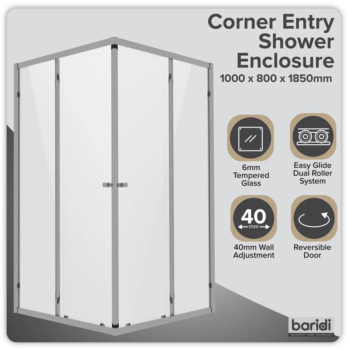 Baridi Corner Shower Entry Enclosure 1000 x 800 x 1850mm with 6mm Tempered Glass - Chrome - Image 3